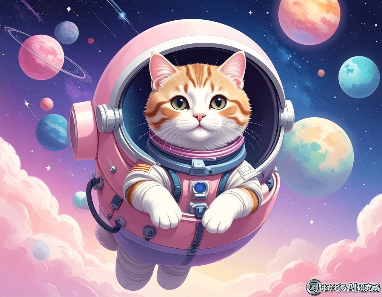 宇宙を旅する猫、パステル画風