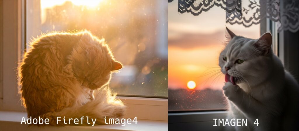 Adobe FireflyとIMAGEN 4「夕焼けの窓辺で、毛づくろいをしているペルシャ猫」プロンプト
