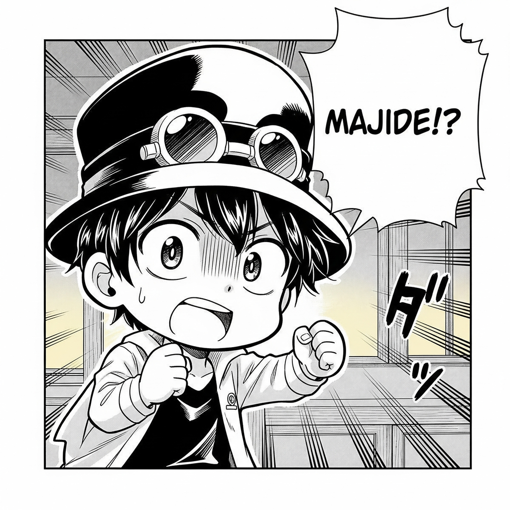 帽子を被った3頭身ののんびりした男の子が「マジで!?」と喋っている吹き出しのついた漫画