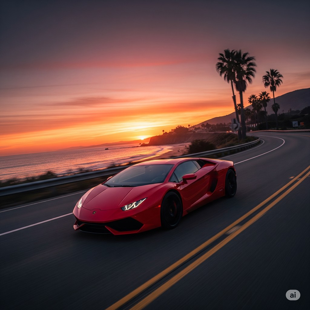 A red sports car driving on a coastal road at sunset, with dramatic lighting