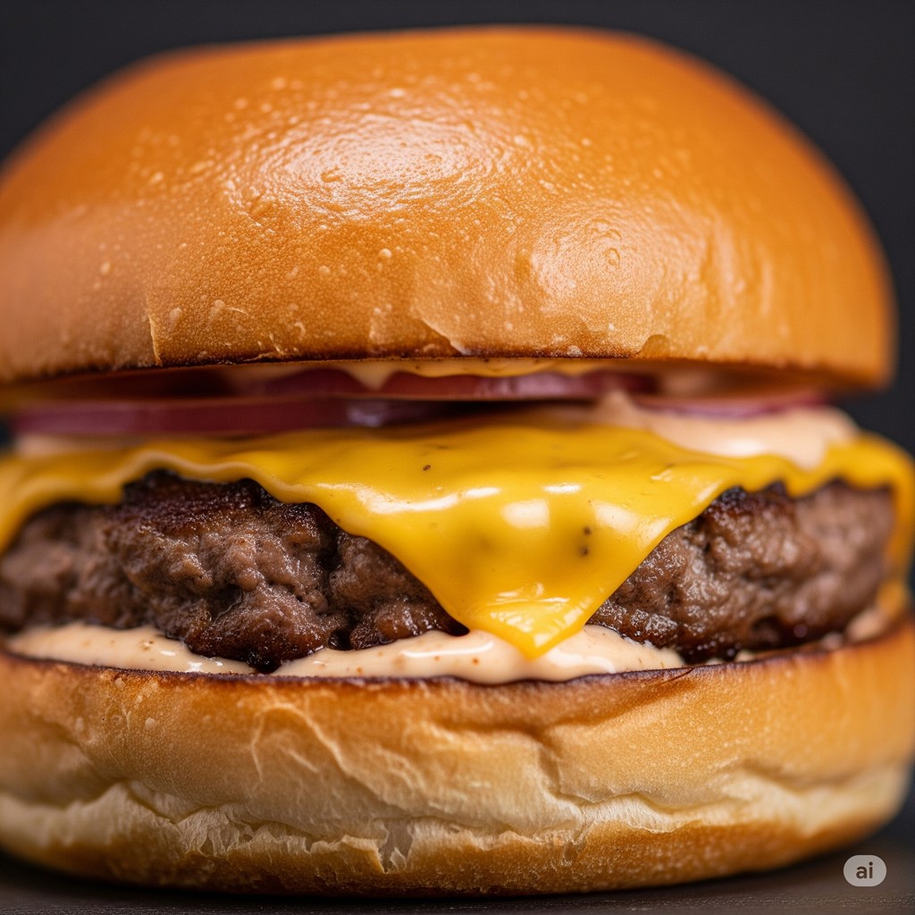 Cheese hamburger ,shot on a Sony A7 III, 85mm f1.8 lens, cinematic lighting, bokeh
