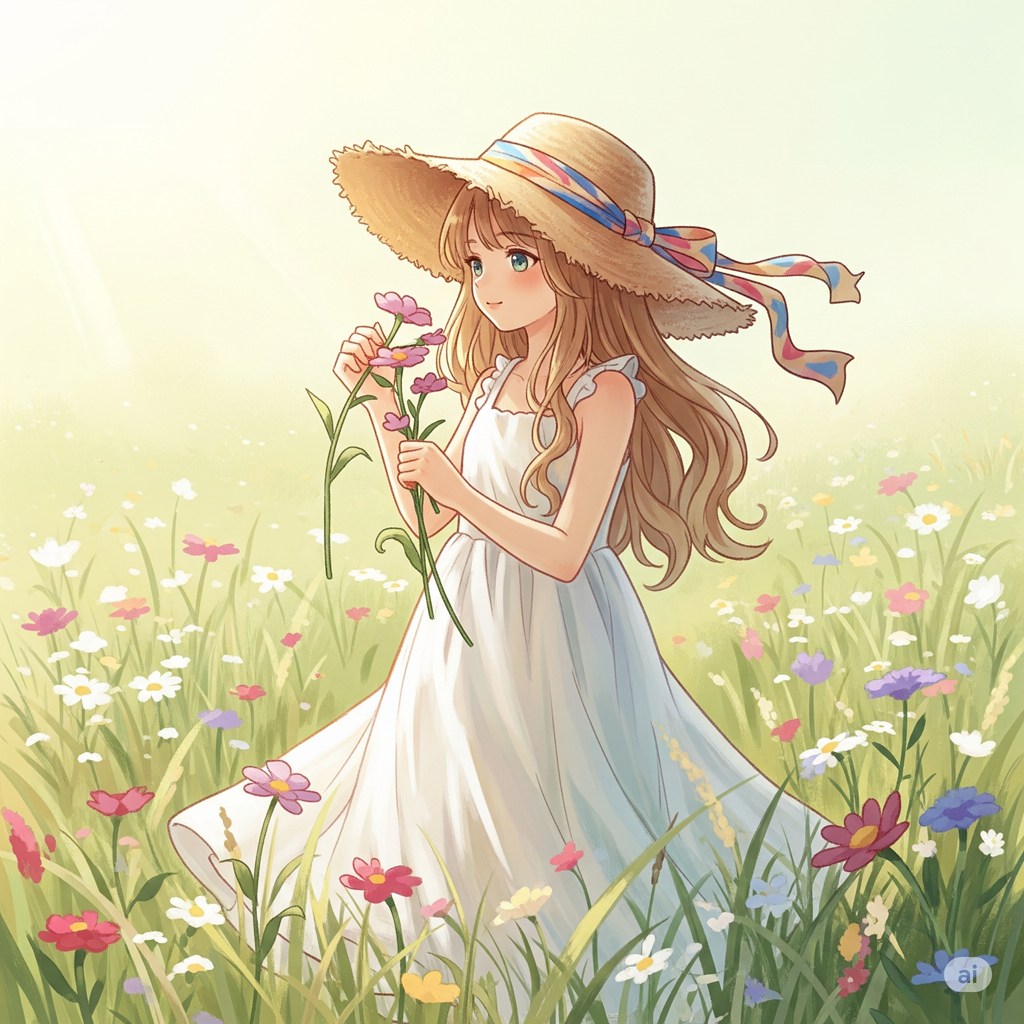 麦わら帽子を被った白いワンピースの女の子、イラストレーション