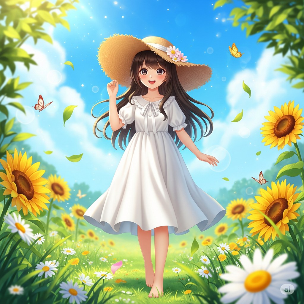 麦わら帽子を被った白いワンピースの女の子、CGイラストスタイル