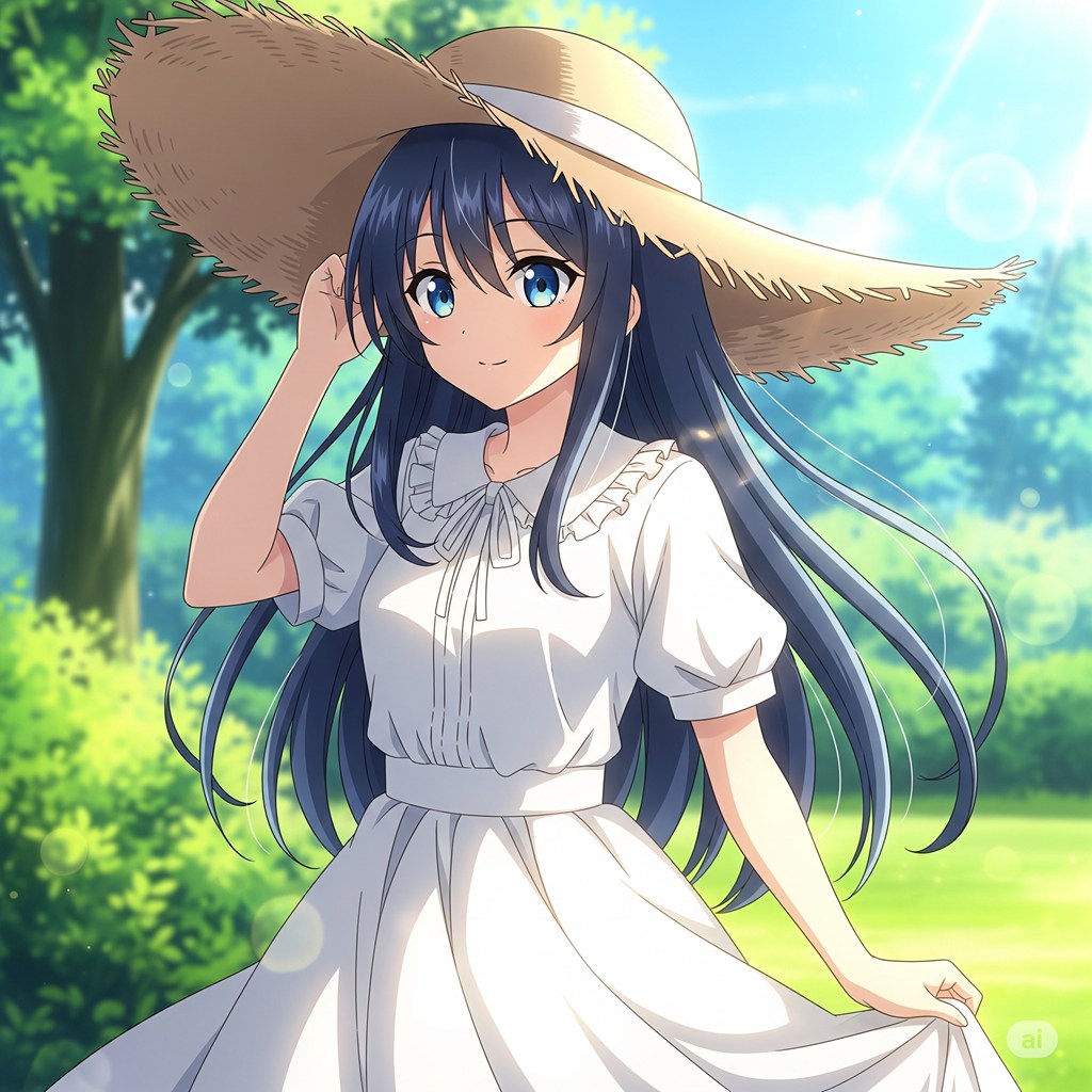 麦わら帽子を被った白いワンピースの女の子、アニメスタイル