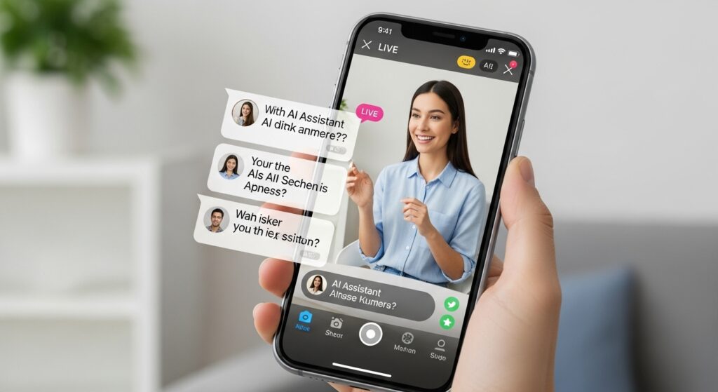 スマートフォンでライブ配信している生成AI画像